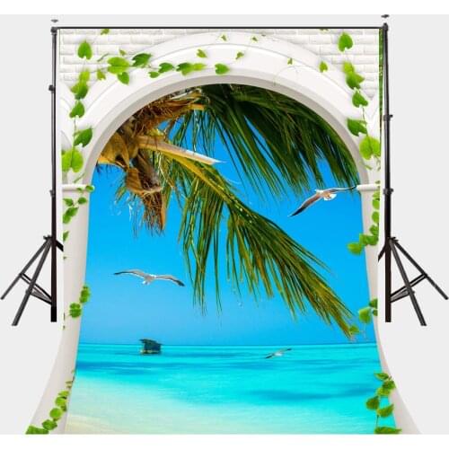 150x220cm Summer Holiday Sea View Backdrop Flying Seagulls Blue Sky Green Tree Photography Family Holiday Wedding Party