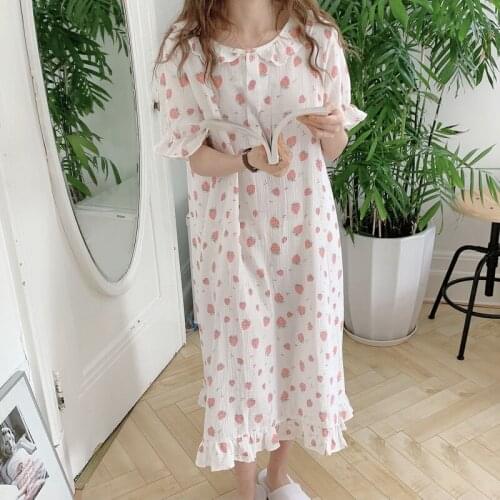 2021 Korean Home Wear Summer Cotton Nightgown Gauze Strawberry Print Short Sleeve Dress Nightdress Womens Female Sleepwear
