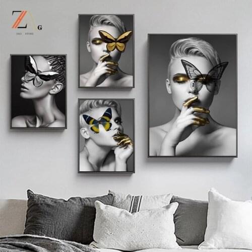 Abstract wall art picture fashion woman butterfly lips gold and white black modern home canvas painting beauty decoration poster