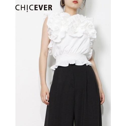 CHICEVER White Ruffle Patchwork Shirt O Neck Sleeveless Tunic Casual Elegant Chic Blouse Female Fashion New Clothing Summer 2021