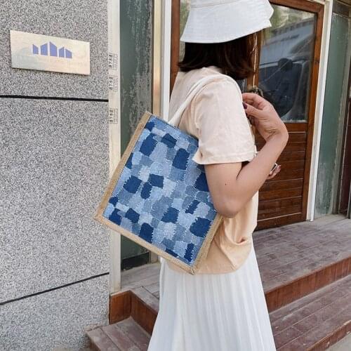 Plaid Patchwork Canvas Handbag for Women Korean Vintage Fashion Ladies Tote Panelled Blue Female Shoulder Top Handle Bag Weekend
