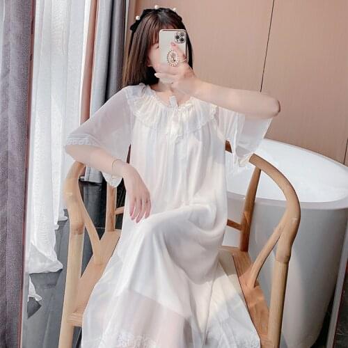 Summer New Palace Style Nightdress Womens Short Sleeve Korean Sexy Dress Lace Nightgown with Bra Home Skirt Sleepwear Nightwear