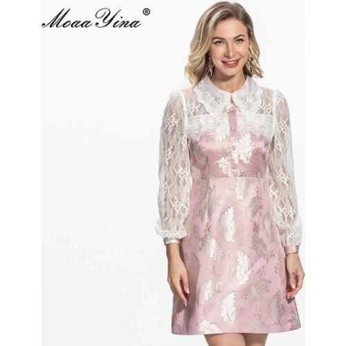MoaaYina Fashion Runway Spring Autumn Pink Mini Dress Womens Turn-down Collar embroidered Lantern Sleeve Short Party Dress