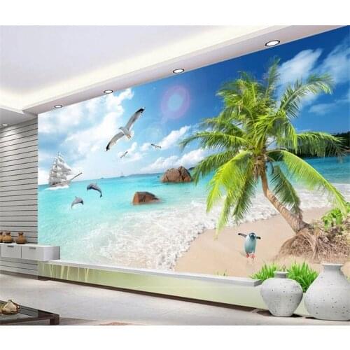 3D Mural For Living Room Custom Any Size Mural Wallpaper Surf Coconut Tree Penguin TV Backdrop Bedroom Photo Wall Paper
