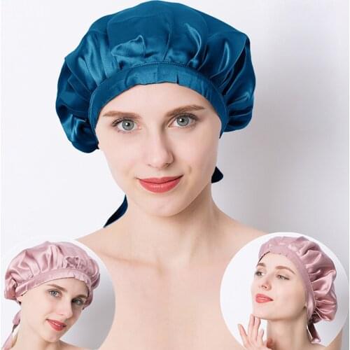 2021 New Adjustable Laces Womens Mulberry Silk Sleep Hair Hat Care Satin Sleeping Bonnet High Quality Soft Night Cap