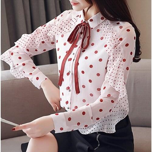 2019 Spring Autumn New Polka Dot Shirt Female Long-sleeved Wave Chiffon Shirts Stitching Ruffled Sleeve Single-breasted Shirt