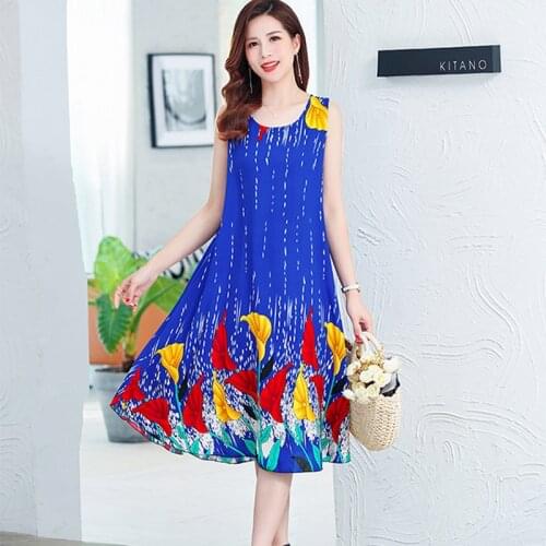Womens Vintage Long Dress Summer Spring Loose a Line o Neck Sleeveless Ladies Casual Midi Dresses Print Sundress for Female