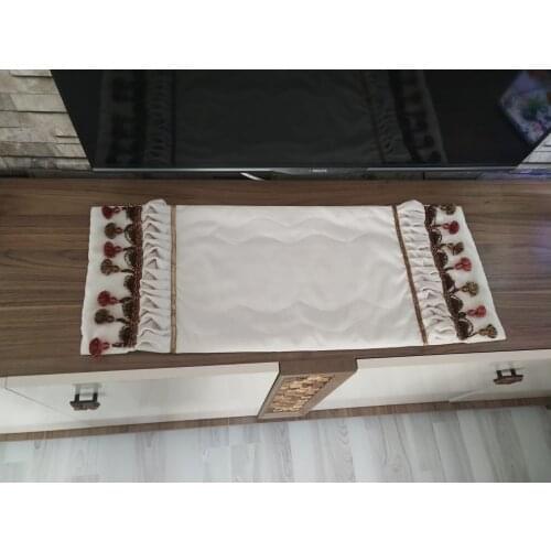 Pleated Fringed Mortar Runner Bead Decorated Stylish Design Cotton Velvet Fiber Lined 80*32 cm