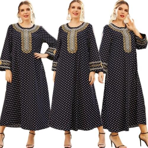 Ramadan Islamic Abaya Polka Dot Embroidery Women Long Dress Muslim Arab Kaftan Middle East O-neck Spring Autumn Ethnic Vintage