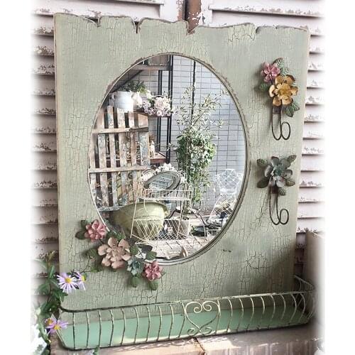 Retro vintage handcrafted wood wall mirror with metal shelf