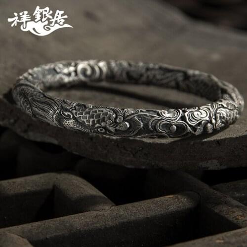 Silver bracelet custom double-barrelled 99 sterling silver ring personality domineering retro mens silver bracelet