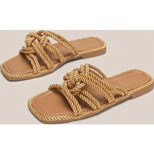 Summer New Fashion Weave Slippers Flat Heel Casual Outdoor Beach Slides Ladies Open Toe Slip On Flip Flop Sandal Big Size 37-42