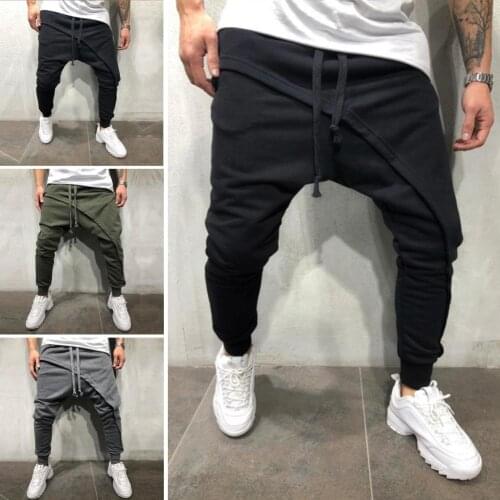 Fashion Men Harem Pants Solid Color Drawstring Asymmetric Double Layer Long Running Jogger Baggy Pants Jogger Casual Pants