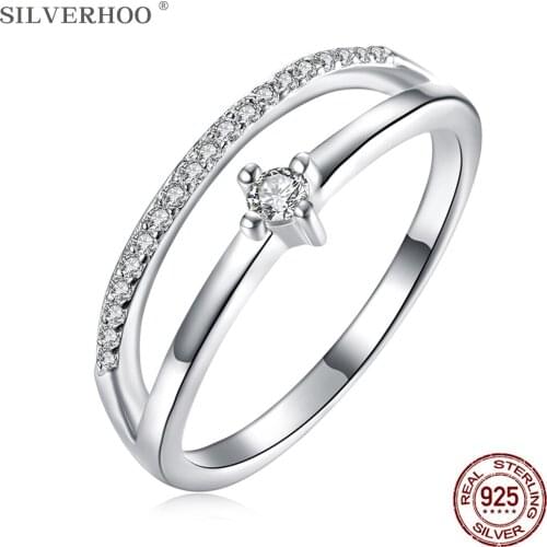 SILVERHOO 925 Sterling Silver Women Rings Double Line Zircon CZ Design Wedding Ring For Women Fine Jewelry Anniversary Gift 2020