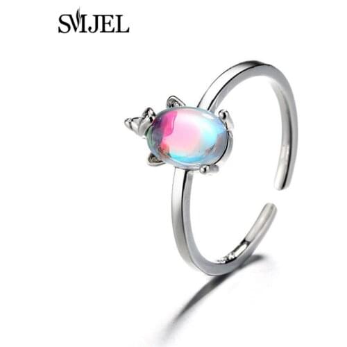 SMJEL New Lucky Unicorn Anmal Rings for Women Adjustable CZ Rainbow Finger Ring Jewelry Girls Gifts Anillos Wholesale
