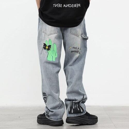 High Street Retro Cactus Embroidery Jeans for Men and Women Graffiti Distressed Straight Loose Casual Denim Trousers