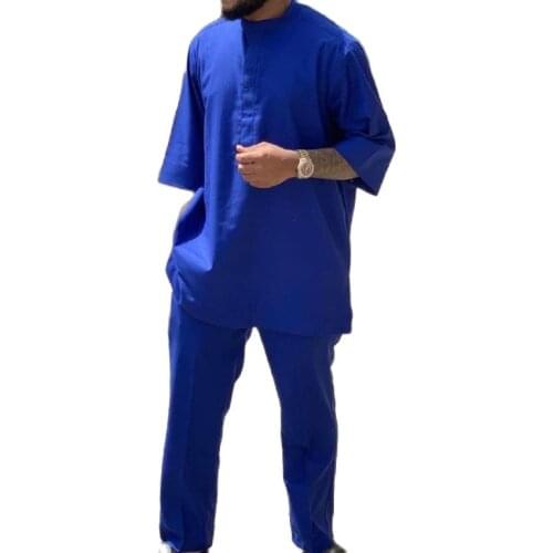 Royal Blue Cotton Half Sleeve Tops+Pants Africa Style Solid Mens Suits Loose Male Set Nigerian Fashion Wedding Party Wear