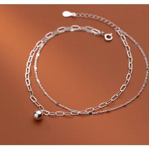 Round Beads Ankle Bracelets Woman Silver Chain 925 100% On The Leg Foot Jewelry Double Layer Chain 21 CM Adjustable Female Gift
