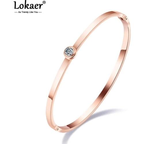Lokaer Trendy Rose Gold Stainless Steel Bangles For Women Mosaic Cubic Zirconia Simple Cuff Bracelet Jewelry Gifts B18103