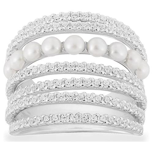 SLJELY Fashion Solid 925 Sterling Silver White Multi Hoop 7 Circles Finger Ring with Pearls Cubic Zirconia Women Brand Jewelry