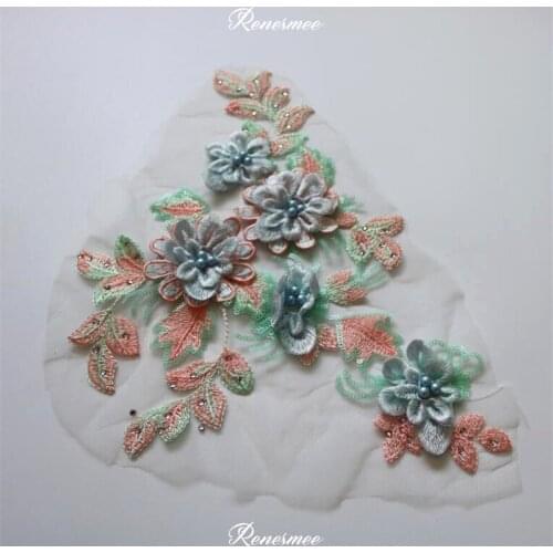 1Pc Pink Blue Emboridery Beaded for Sewing on Appliques in Patches For Wedding Dress Decoration Beads Patch Lace 31X20cm SX427