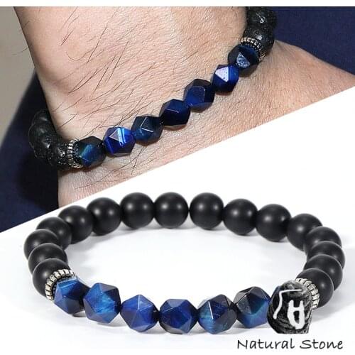 12 Styles Natural Stone Mens Bracelet Lava Rock Faces Tiger Eye Lapis Lazuli Stone Labradorite Onyx Beaded Bracelets Jewelry