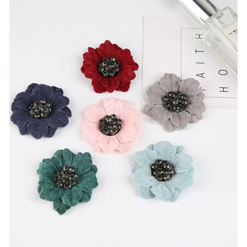 3D DIY Cotton Fabric Flower Brooch with rhinestone in center For Wedding Decoration Artificial Flowers For Home Garden