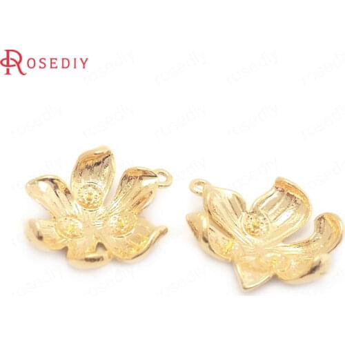 38445)6PCS 13.5x18MM 24K Gold Color Brass Flower Charms Pendants Jewelry Making Supplies Diy Findings Accessories