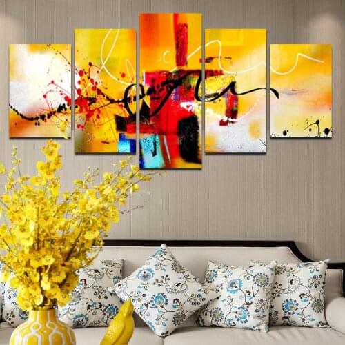 Abstract Art Wall Poster Irregular Yellow Background Black Line Canvas Painting Decor Living Room Mural Five Piece Set No Frame