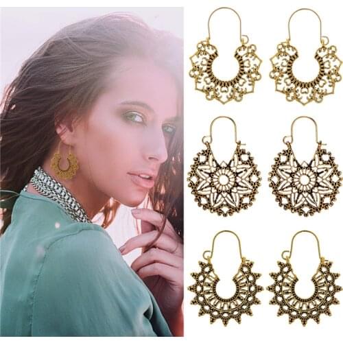Bohemian 3 Style Vintage Antique Silver Color Earrings for Women Hollow Carve Flowers Gypsy Tribal Ethnic Dangle Earrings серьги