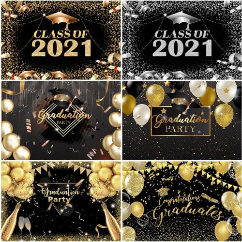 Graduation Photography Backdrop Black and Gold Bachelor Cap Balloon Grad Congrats Party Banner Background for Photo Photobooth