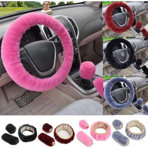 3Pcs Soft Plush Spring Steering Wheel Cover Kit With Stop Lever+Hand Brake Wool Cover Winter Warm Auto Car Interior Accessory