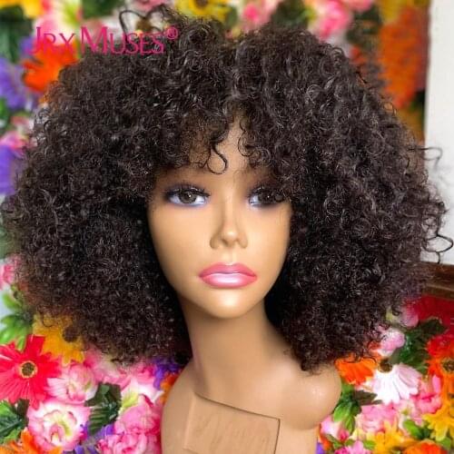 Jerry Curly Wig With Bangs 250 Human Hair Wigs Machine Made Fringe Short Bob Wig Thick Afro Kinky Curly Wigs For Black Women