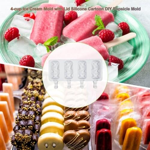 Kitchen Tools 4-cup Ice Cream Mold with Lid Silicone Cartoon DIY Popsicle Maker Reusable Mould Homemade Freeze Accessories