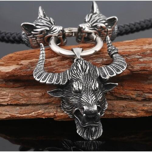 Mens Vintage Punk Stainless Steel Wolf&Bull Head Pendant Necklace Hip Hop Gift Rope Chain Jewelry