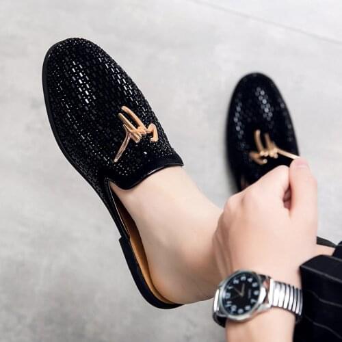 Luxury Diamond Men Slipper Mules Backless Loafers Men Leather Shoes Retro Flat Heel Party Slippers Slip on Shoes Chaussure Homme