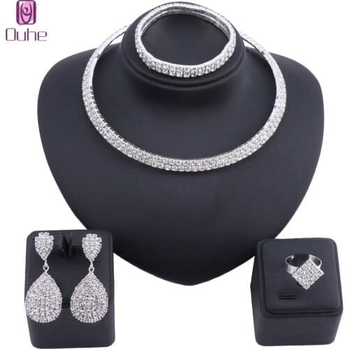 Luxury Wedding Bridal Silver Color Crystal Jewelry Sets For Brides Women Necklace Elastic Rope Bangle Ring Earring Jewelry Set