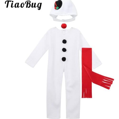 Unisex Kids Boys Girls Christmas Snowman Fancy Dress Costume Outfit White Long Sleeve Jumpsuit with Hat Red Nose Scarf Set