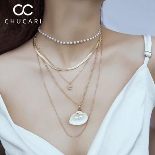 CHUCARI New Trendy Multilayer Shell Pearl Necklace set Long Chain Tassel Pendant Gold Necklace punk boho necklaces Women Jewelry