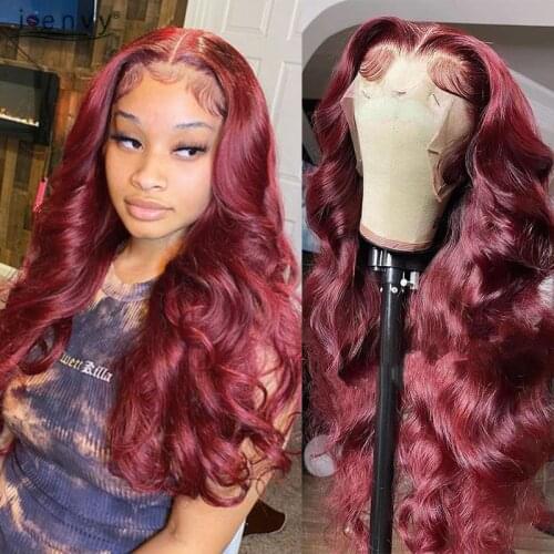 99J Body Wave Lace Frontal Wig Pre Pluck Peruvian Burgundy Lace Front Wig Human Hair Curly Colored Transpant Lace Wigs Red Women