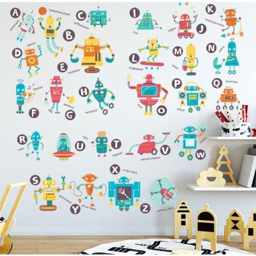 Removable Wall Sticker 79*73CM Robot Cartoon English Alphabet Nursery Kid Room Baby Learning Early Education Stickers Wall Decor