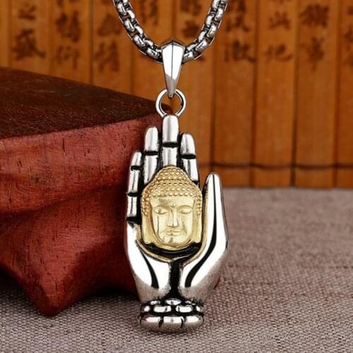 Religious Style Silver Plated 2 Colors Metal Buddha and Hand Pendant Link Chain Necklace Metaphysical Jewelry