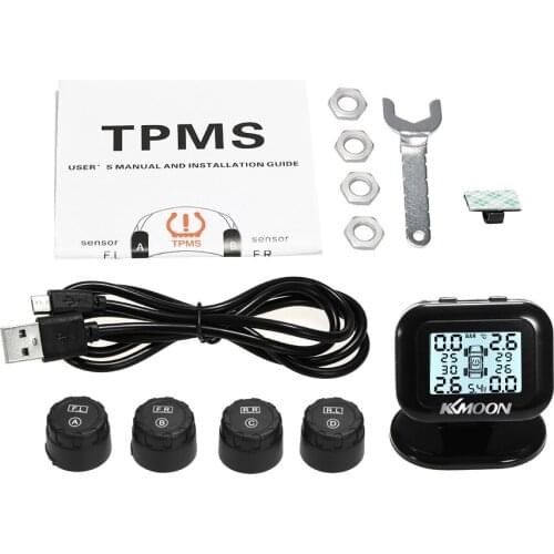 KKmoon TPMS Tire Pressure Monitoring System Wireless Real-time Solar Energy LCD Display 4 External Sensors Alarm Function