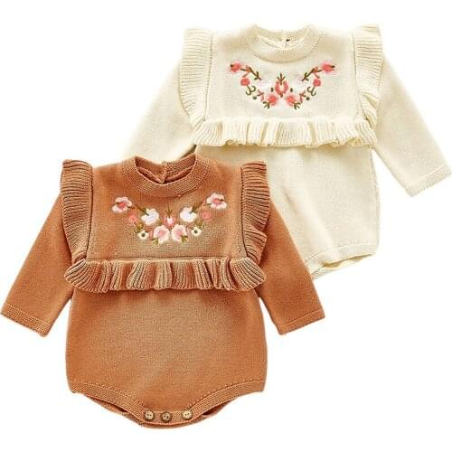 Baby Girls Knitted Bodysuit 2021 Infant Newborn Long Sleeve Solid Ruffled Jumpsuit Embroidery Flower Baby Spring Autumn Clothing