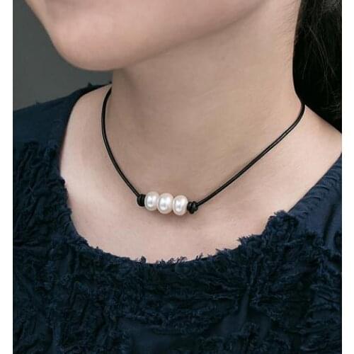 Handmade Pearl Jewelry 9-10MM Black Leather Pearl Necklace Triple Good Quality Genuine Pearl On Leather Knotted Jewelry
