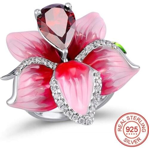 Luxury Red Zircon Flower Rings for Women Girls Pink Leaves White Crystal 925 Sterling Silver Ring Wedding Party Jewelry Bague