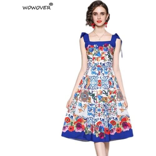 Summer Fashion New Runway Designer Spaghetti Strap Print Vintage Holiday Dresses for Women 2021 Backless Casual Beach Vestido