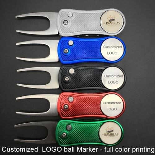 50pcs customized retractable deluxe automatic metal golf pitch green repair fork with full printing ball marker golf divot tool