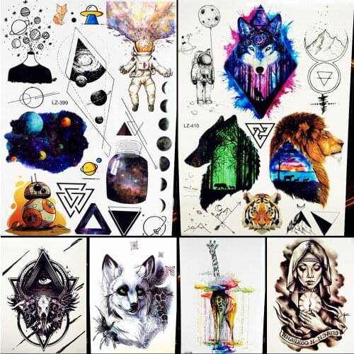 Watercolor Body Art Arm Sleeve Tattoo Waterproof Fake Flash Tatoo Sticker Planets Galaxy Space Starry Sky Bottle Bracelet Tattoo