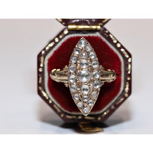 Antique Navette Original Ottoman 14k Gold Natural Rose Cut Diamond Decorated Perfect Ring